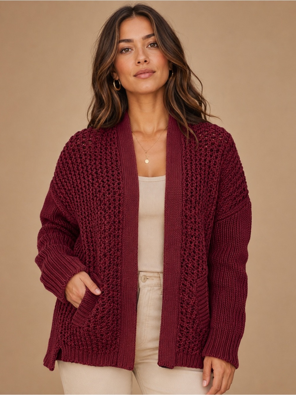 Sweet Rain Open-Front Chunky Knit Cardigan - Wine